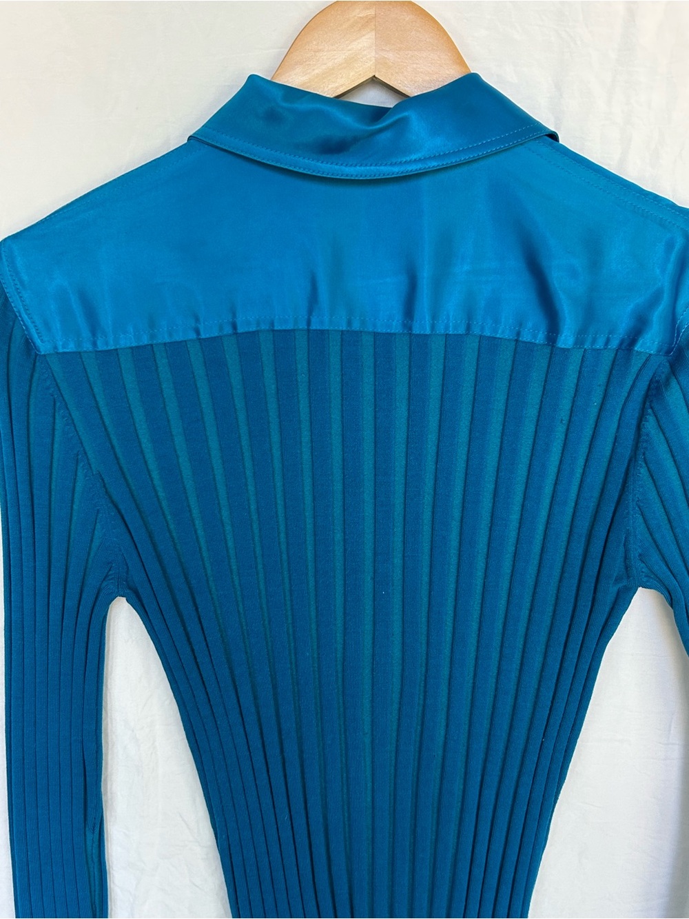 Vintage Caché Y2K Blue Silk-Blend Ribbed Zip-Up Collared Long Sleeve Top Size L - Picture 7 of 11